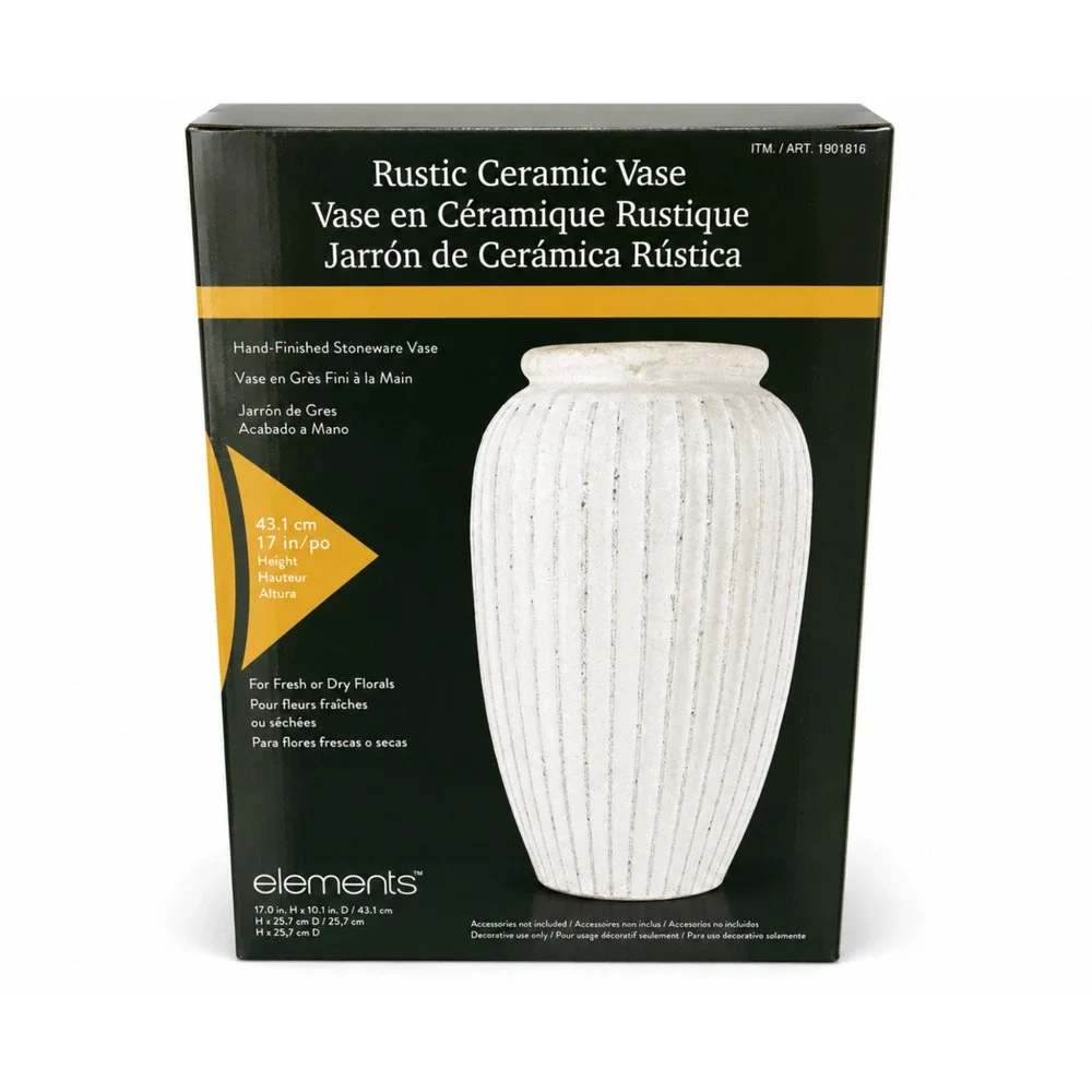 Elements Rustic White Ribbed Stoneware Ceramic Floor Vase 17